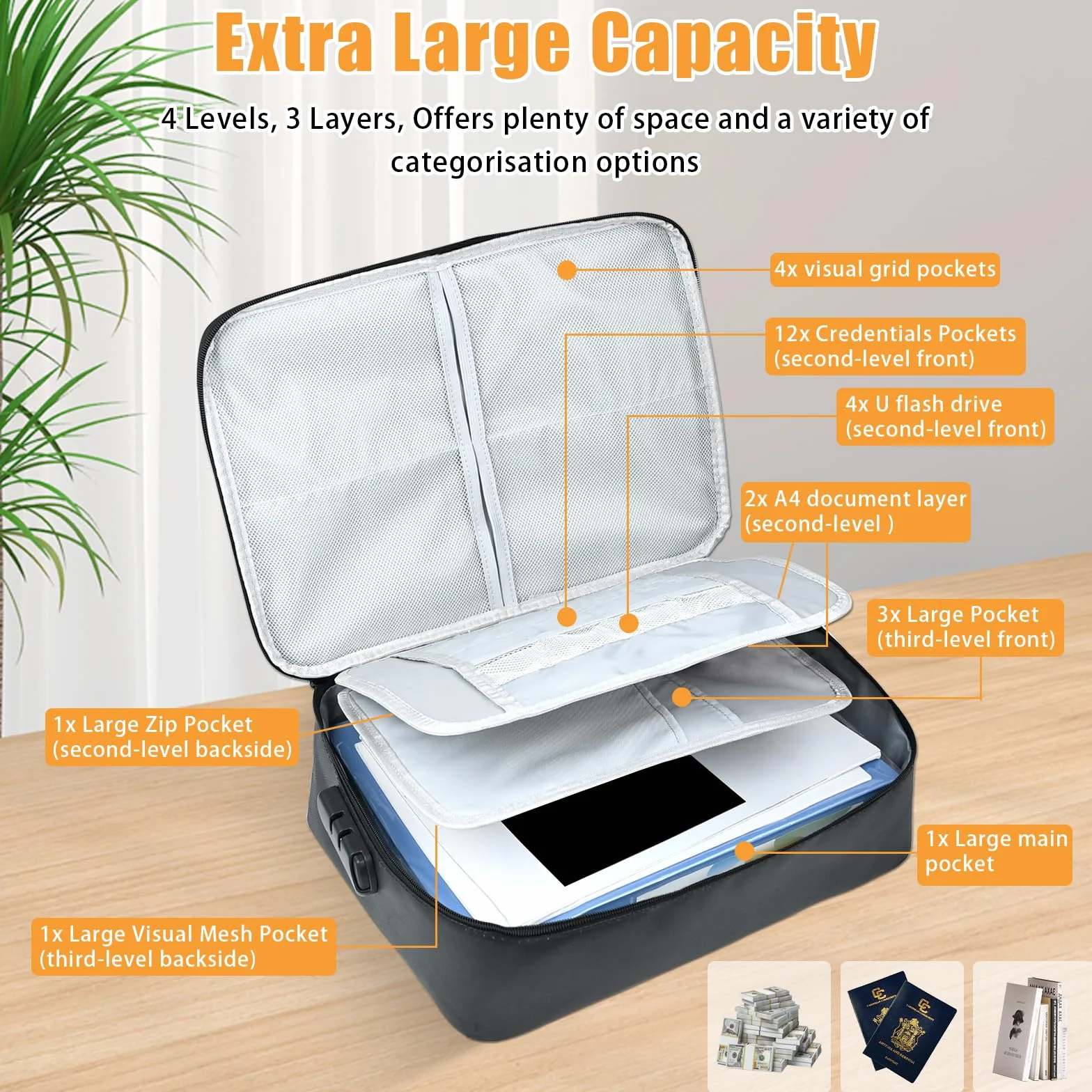 Sac à documents ignifuge / étanche (38 x 28 x 10 cm) 4 couches Grande capacité ignifuge avec serrure, boîte de rangement sécurisée pour passeport, certificats, documents juridiques, objets