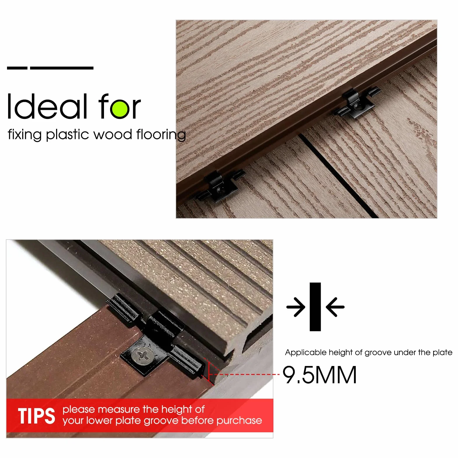 Lot de 100 Clips pour terrasse 9,5 mm Fermeture pour terrasse en WPC Pince pour terrasse en acier pour terrasse en composite Fixation invisible Agrafette de fixation Plage de serrage, Noir