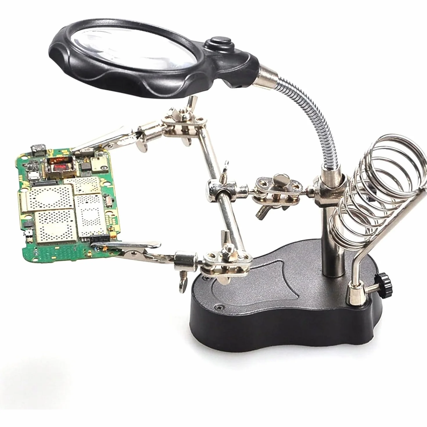 Troisième Main avec Loupe TE-801 – Grossissement 3,5x/12x, LED x2 | Base 10x6cm, Hauteur 26cm | Support Fer à Souder | Pour Soudure, Électronique | Accessoire Atelier