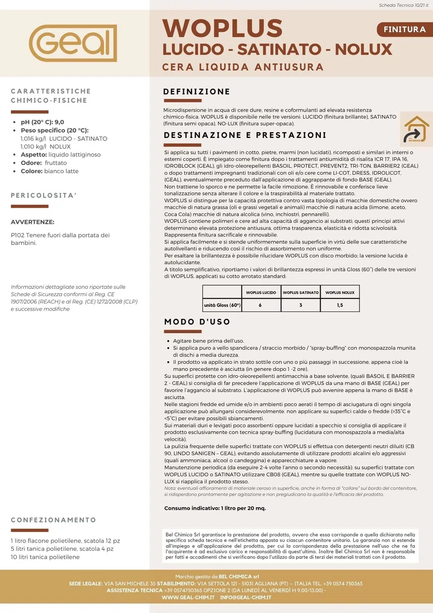 GEAL WOPLUS BRILLANT Cire liquide anti-usure, protection et antitache Finition brillante 1 l