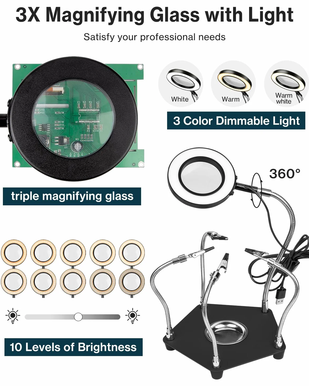Lytool Troisième-Main-Soudure-Aider Les Mains Station de Soudage avec Lampe Loupe 3X LED à Intensité Variable Main d'Aide à Souder Flexible avec 4 Bras de Support pour les Réparations-de-Soudure