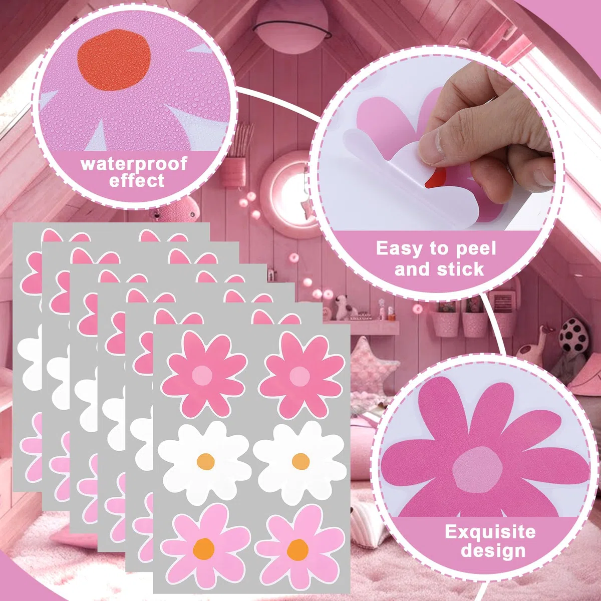 Autocollant Mural Marguerite 36 Pièces, Autocollant Mural Grande Fleur imperméable pour Chambre d'enfant, Stickers muraux Marguerite pour Chambre d'enfant, Chambre, Salon, décoration Murale
