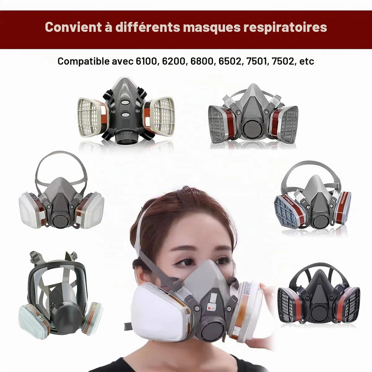 10 filtres pour masque a cartouche, 6001 pour masque de peinture, cartouches Organic Vapor, filtre chimique contre la poussière, les gaz, les vapeurs organiques, avec 6100/6200/7501/7502/6502/6800
