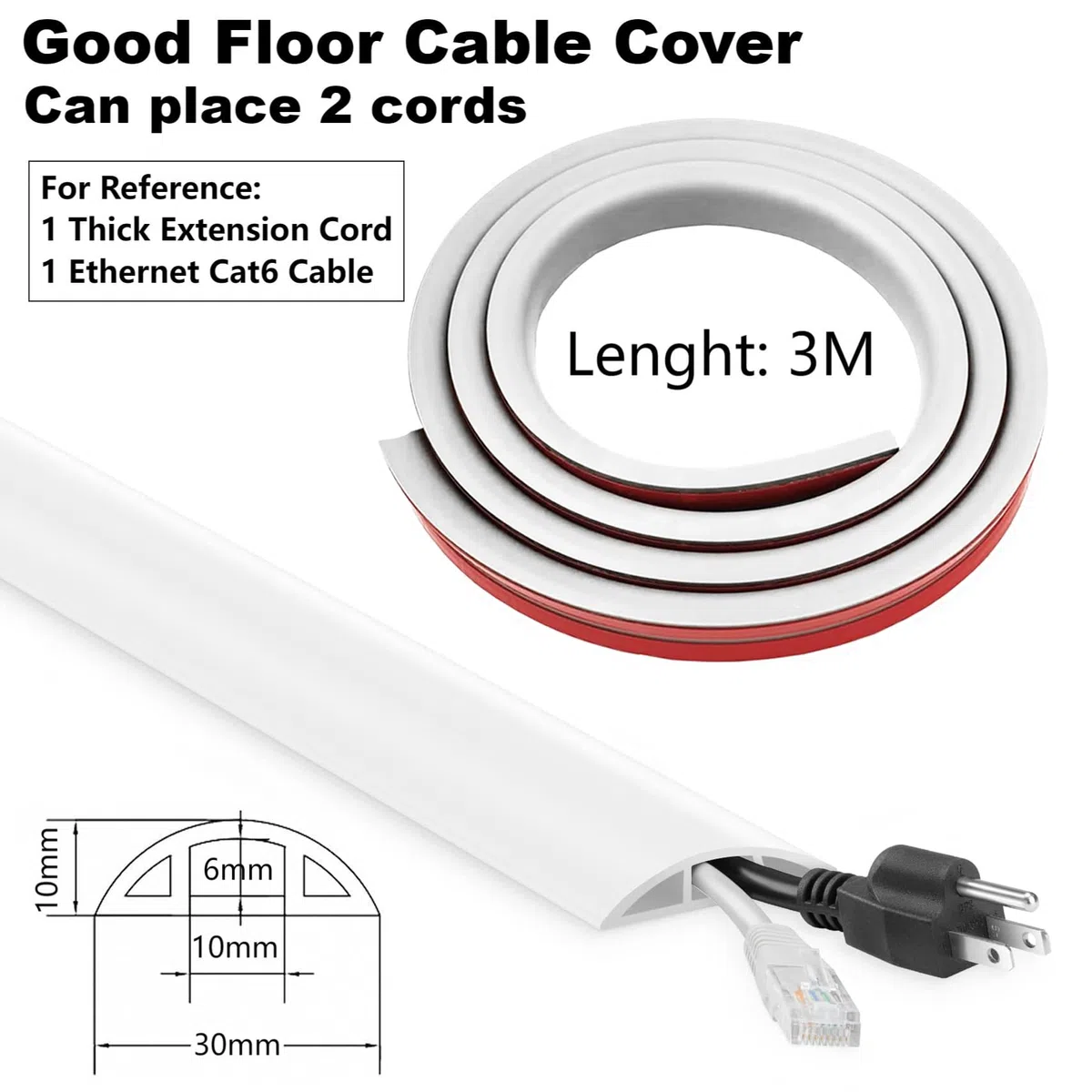 Passe Cable Sol Autocollante Flexible - 3 m x 30 mm x 10 mm, Cachez et Protégez les Câbles, pour la maison, le bureau, l'école, l'entrepôt (3 m, gris)