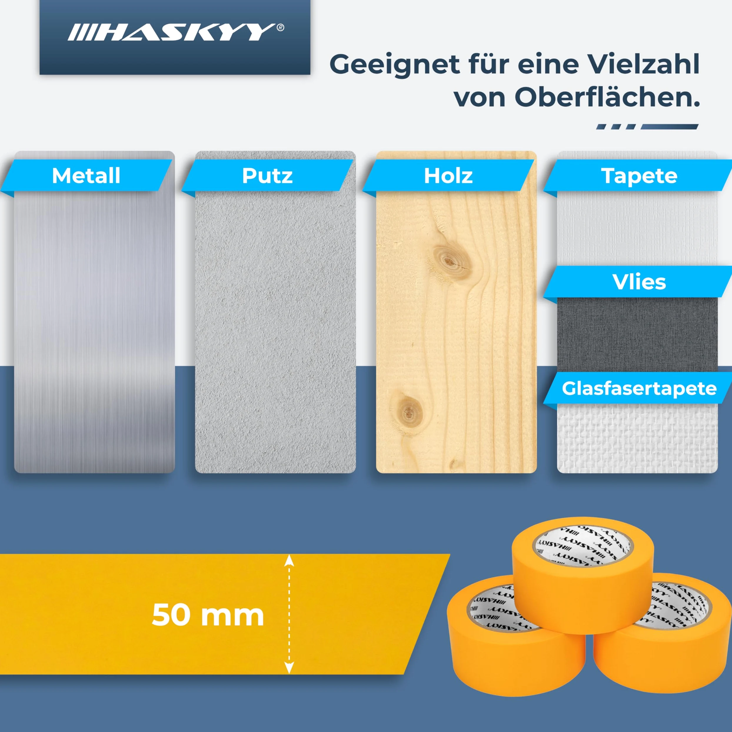 HASKYY Ruban de masquage pour peinture 50mm x 50m - 10x Rouleaux ruban adhésif crêpe pour travaux de peinture et de rénovation Intérieur et Extérieur, Résistant Aux UV - pour peindre vernir rénover