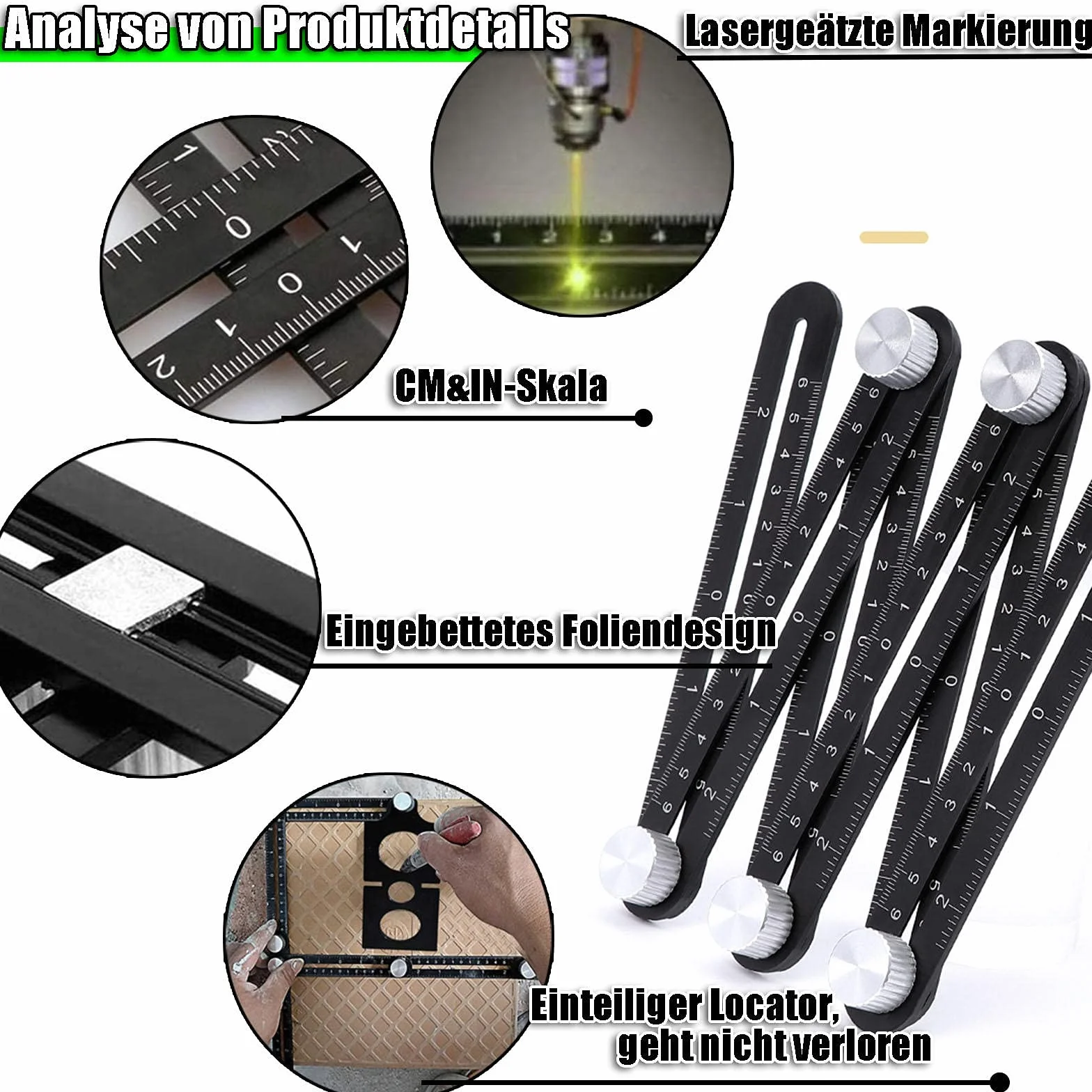 Outil de Template - Gabarit d'angle - Règle de mesure multi-angle - En alliage d'aluminium - 12 côtés - Outil de tuiles avec trou - Noir