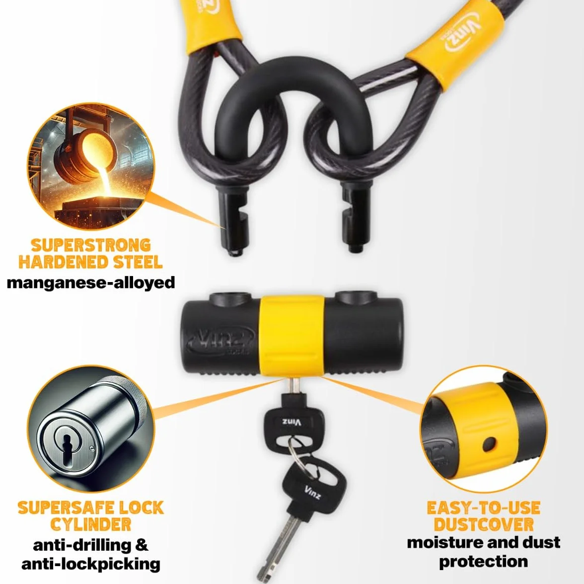 VINZ Kinabalu Cable de Sécurité avec Serrure à Clé | Cable de Verrouillage Flexible | Longueur 300 cm | Haute Résistance et Fiabilité | Idéale pour Protéger Votre Meubles, Moto, Scooter ou Vélo |...