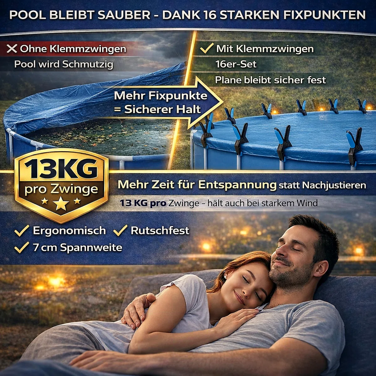 Lot de 16 serre-joints avec une force de serrage de 13 kg et une envergure de 7 cm pour des fixations solides et stables à coller, pour des toiles photo ou comme protection de bâche de piscine