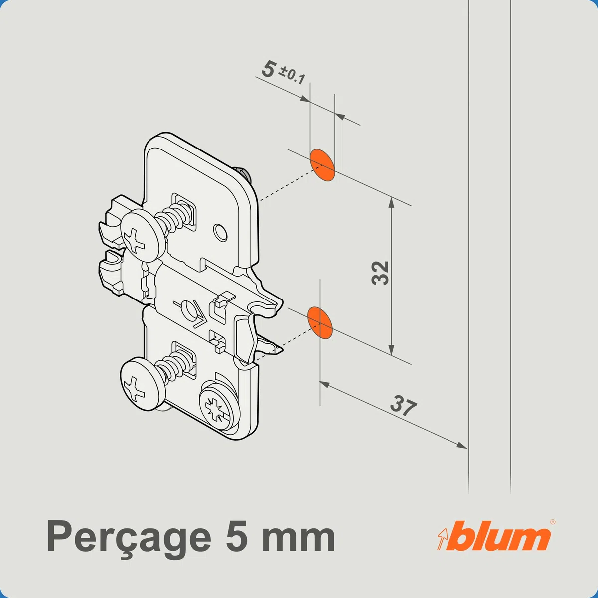 BLUM Jauge de perçage pour plaques de montage CLIP top BLUMOTION, CLIP top, MODUL, charnières d'armoires et de meubles, avec alésage de 5 mm, orange, plastique/acier