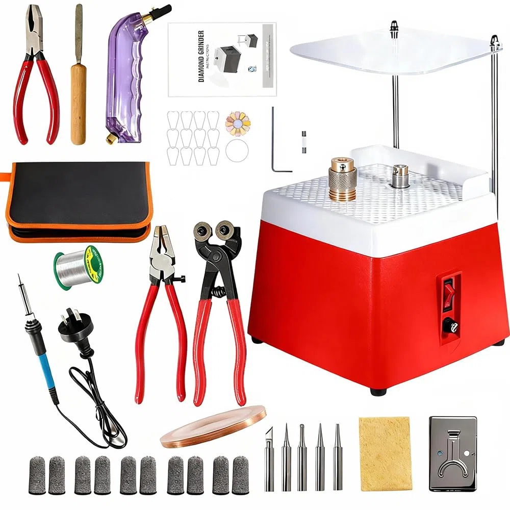 Ponceuse à Verre Portable,220V,65W,4200 tr/min,avec Fonction d'Aspiration Automatique,Protecteur Transparent,2 Têtes Meuleuses Interchangeables et Accessoires de 34 pcs pour Verre et Céramique (Rouge)