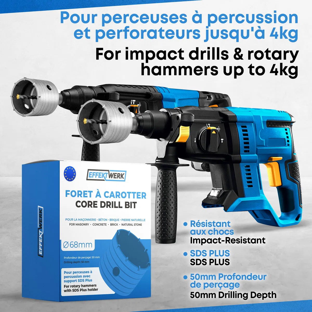 Foret à noyau 68 mm, kit de scie cloche pour béton, brique et pierre, foret creux circulaire avec foret central en carbure et tige SDS Plus