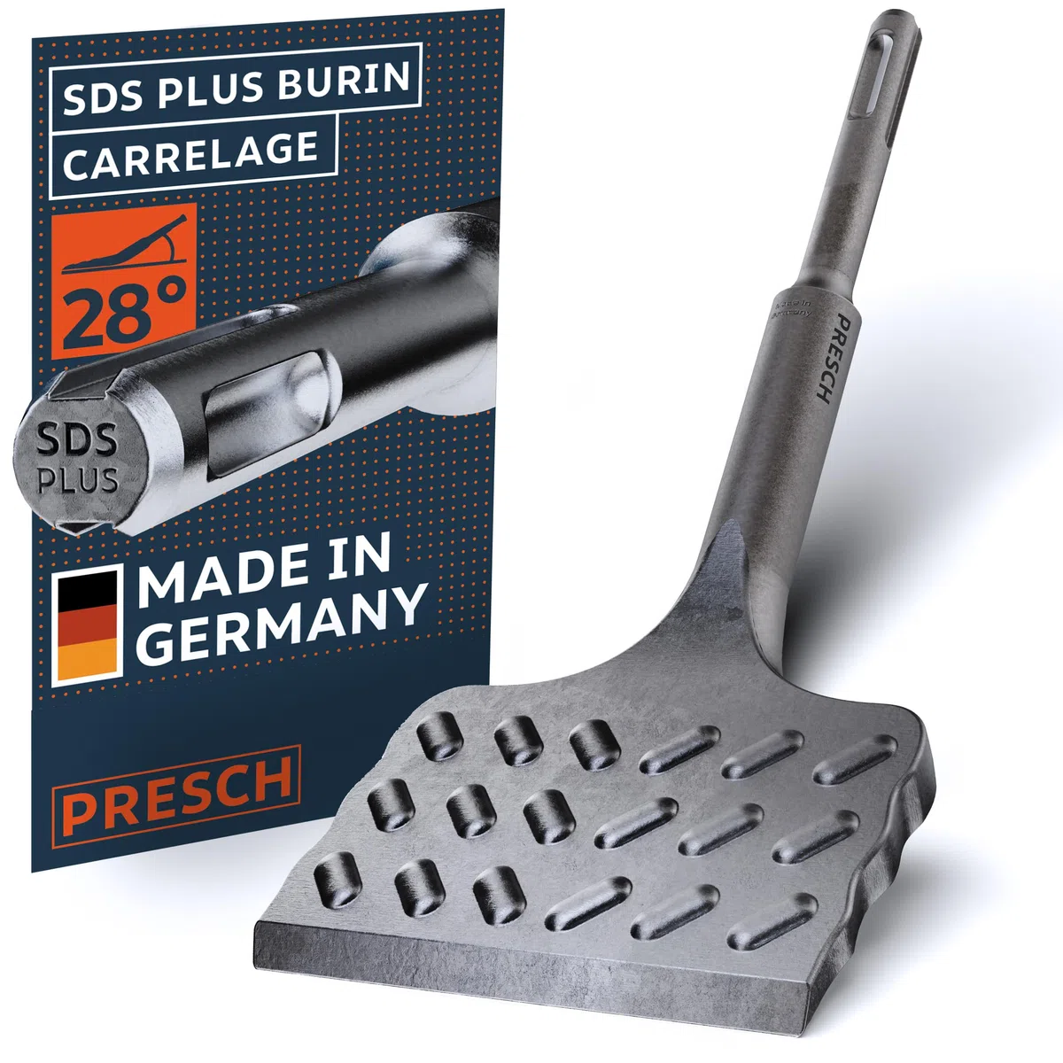 PRESCH SDS plus Burin à carrelage - Extra large (75mm) - Extrêmement durable - Coudé pour faciliter l'enlèvement des carreaux (longueur 165 mm) - En acier haute performance