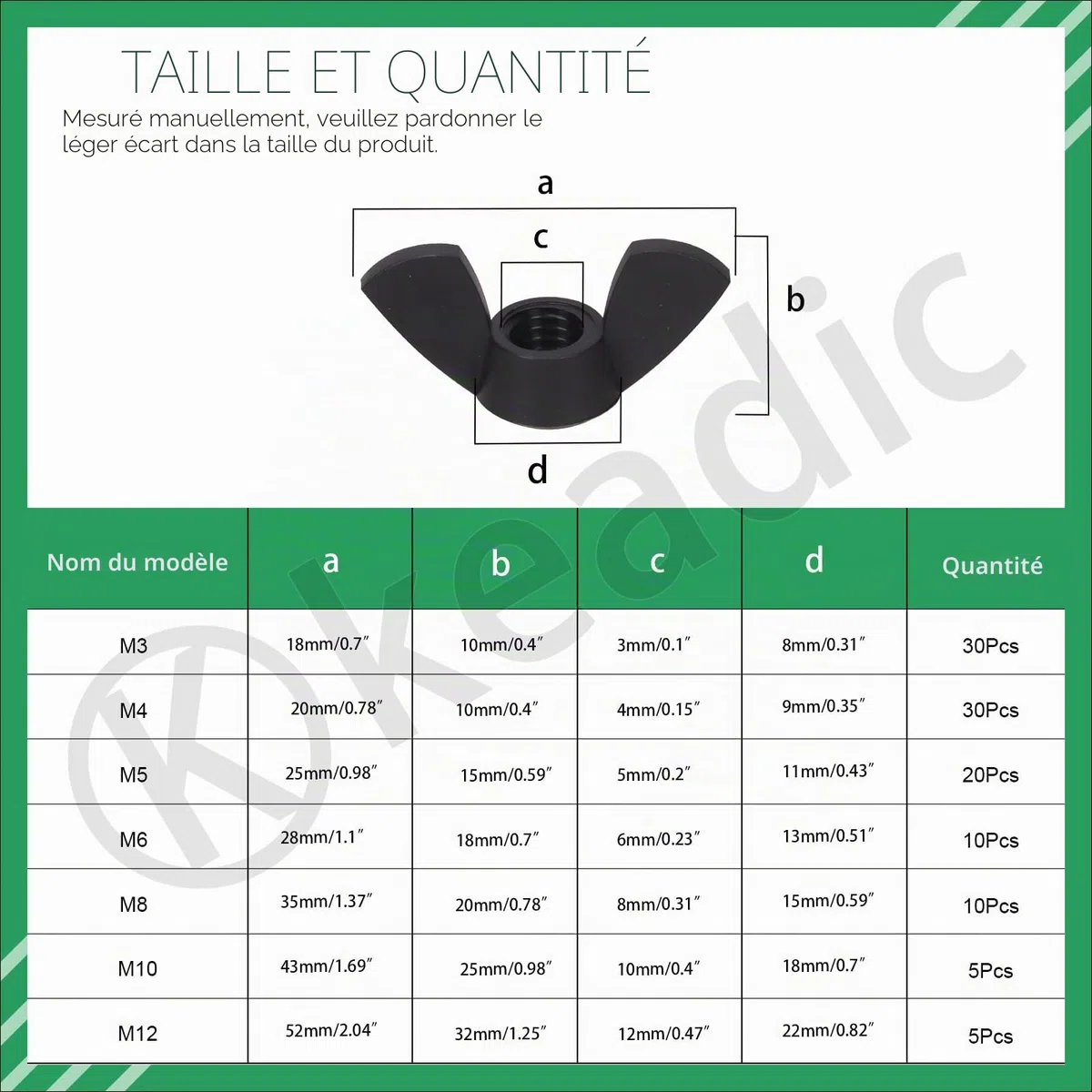 Keadic Lot de 110 écrous à ailettes métriques en nylon M3 M4 M5 M6 M8 M10 M12 Hand Twist Serrage Oreille Papillon Écrous à ailettes pour Home Building Industry (noir)