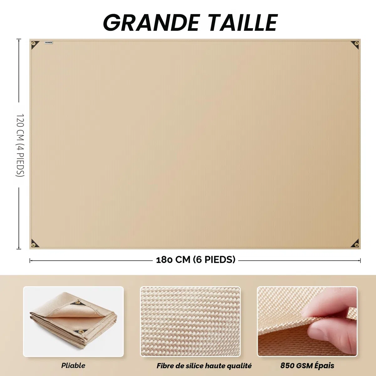 Couverture de soudure robuste en fibre de verre résistante à la chaleur avec œillets en laiton, tapis de soudure multifonction pour barbecue, fumoir, camping, utilisation industrielle (1,2 x 1,8 m)