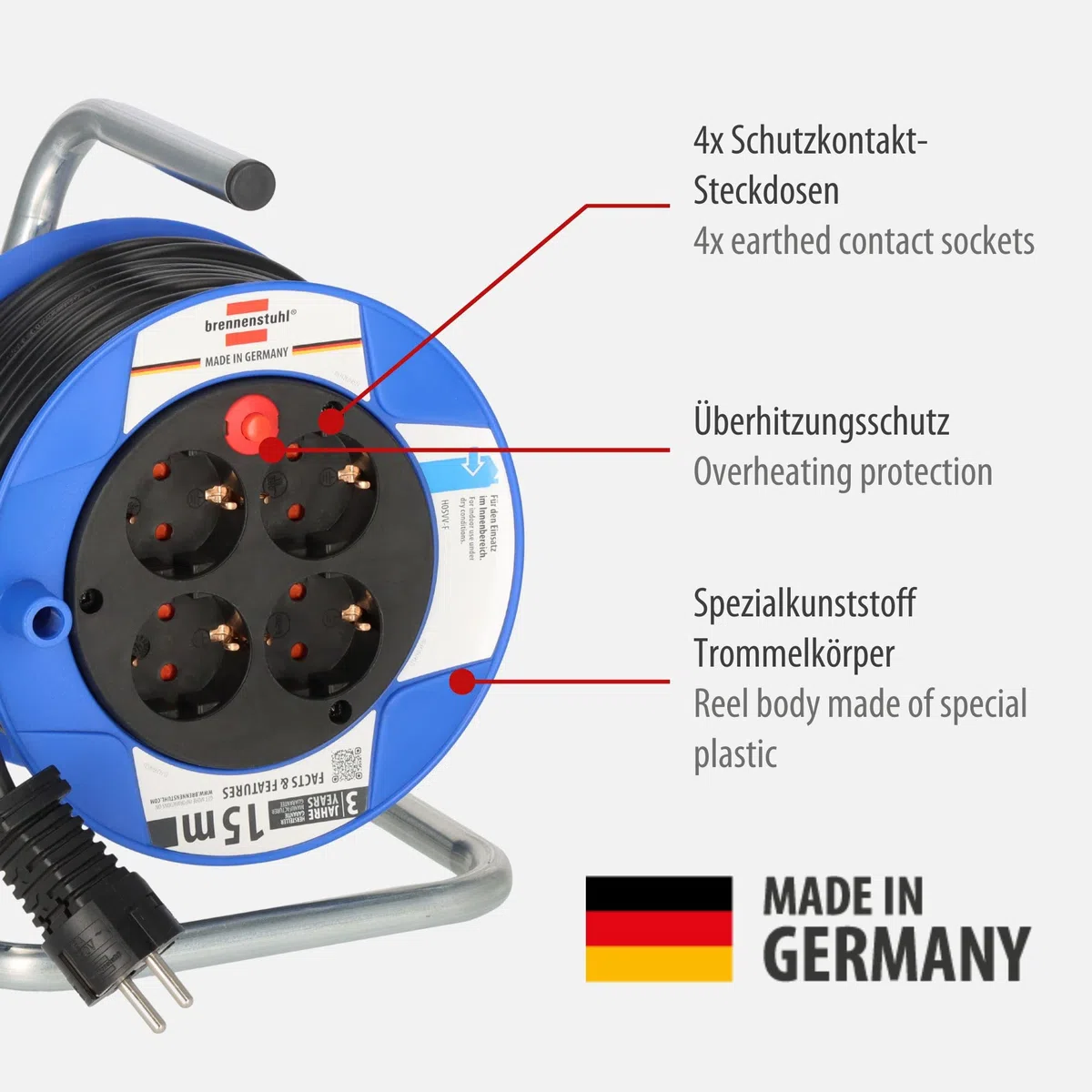 BRENNENSTUHL 1079180004 - Enrollacables compacto negro IP20 H05VV-F3G1,5 con cable de 15 m