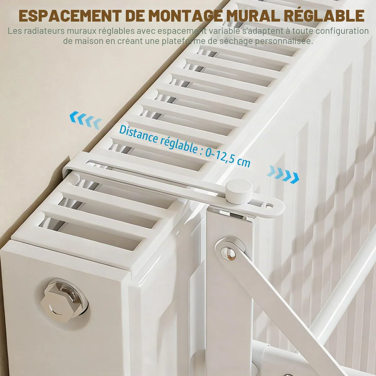 Porte-serviettes radiateur, blanc, porte-serviettes chauffant, porte-serviettes pour radiateur sans perçage, étendoir à linge radiateur, sèche-linge, distance murale réglable : 0 à 12,5 cm (D)