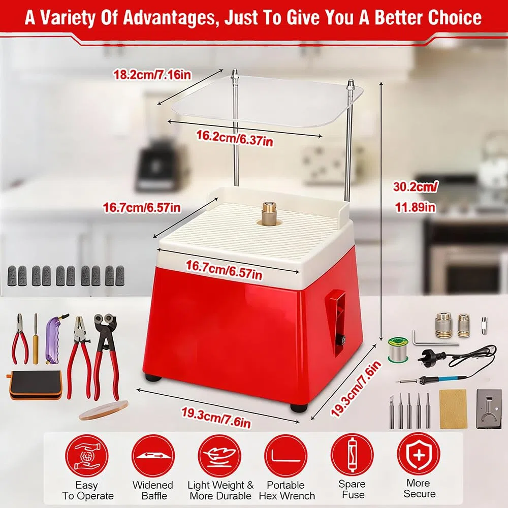 Ponceuse à Verre Portable,220V,65W,4200 tr/min,avec Fonction d'Aspiration Automatique,Protecteur Transparent,2 Têtes Meuleuses Interchangeables et Accessoires de 34 pcs pour Verre et Céramique (Rouge)