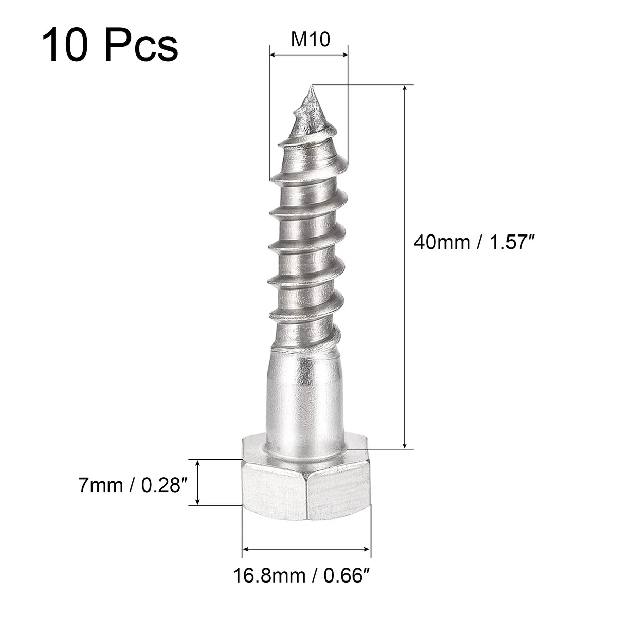 sourcing map Hexagonal Tire-fond M10 x 40mm 304 Inox Acier Demi-fil Autotaraudeuse Boulons pour Bois Vis 10Pcs