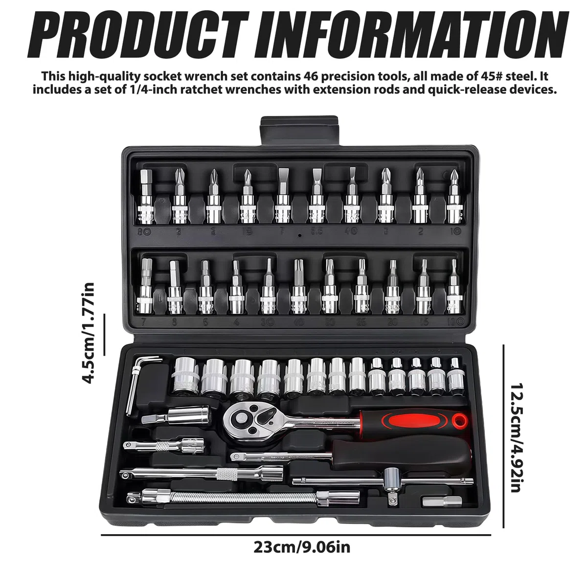 Coffret de clés à cliquet 46 pièces Petit : Cliquet à changement rapide à serrage rapide, clés à douille en acier Cr-V avec cliquet à changement rapide de 6,35 mm, jeu de douilles, pour