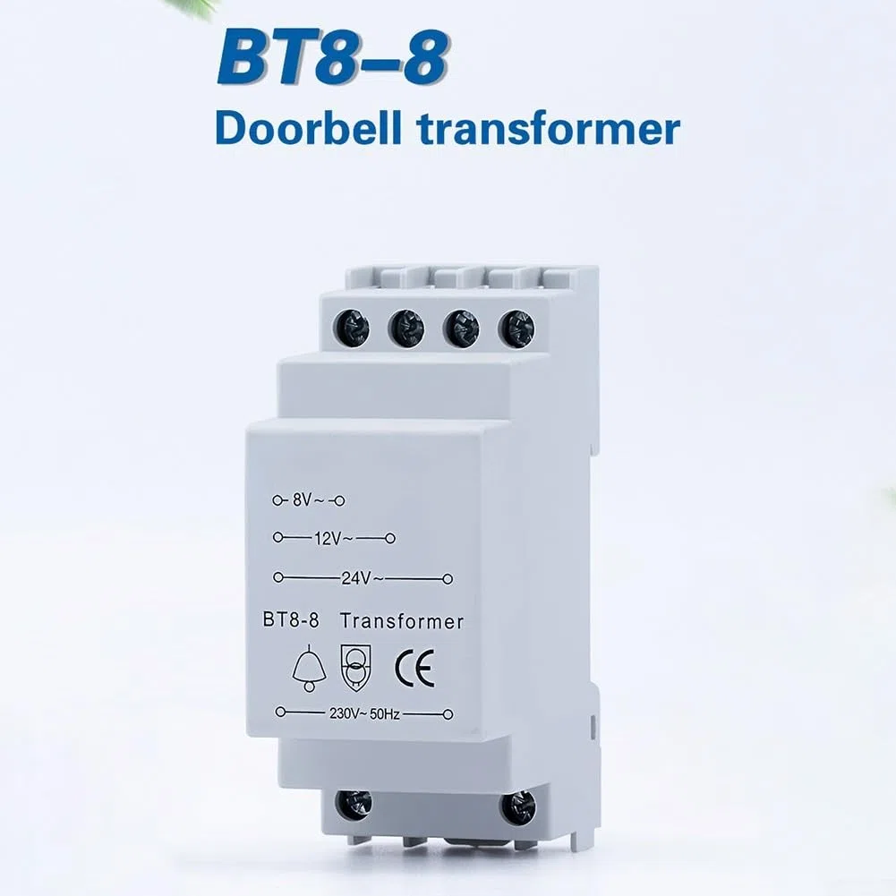 Transformateur de sonnette multi-tension 8 V 12 V 24 V, transformateur de sonnette de porte compatible avec sonnerie/carillon/porte intelligente, rail de guidage standard de 35 mm, fonctionnement