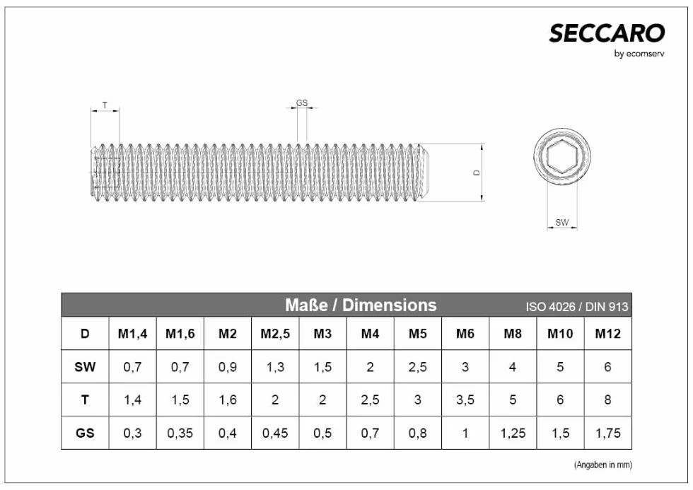 Vis sans tête SECCARO à pointe conique M8 x 80 mm, acier inoxydable V2A VA A2, DIN 913 / ISO 4026, six pans creux, 20 pièces