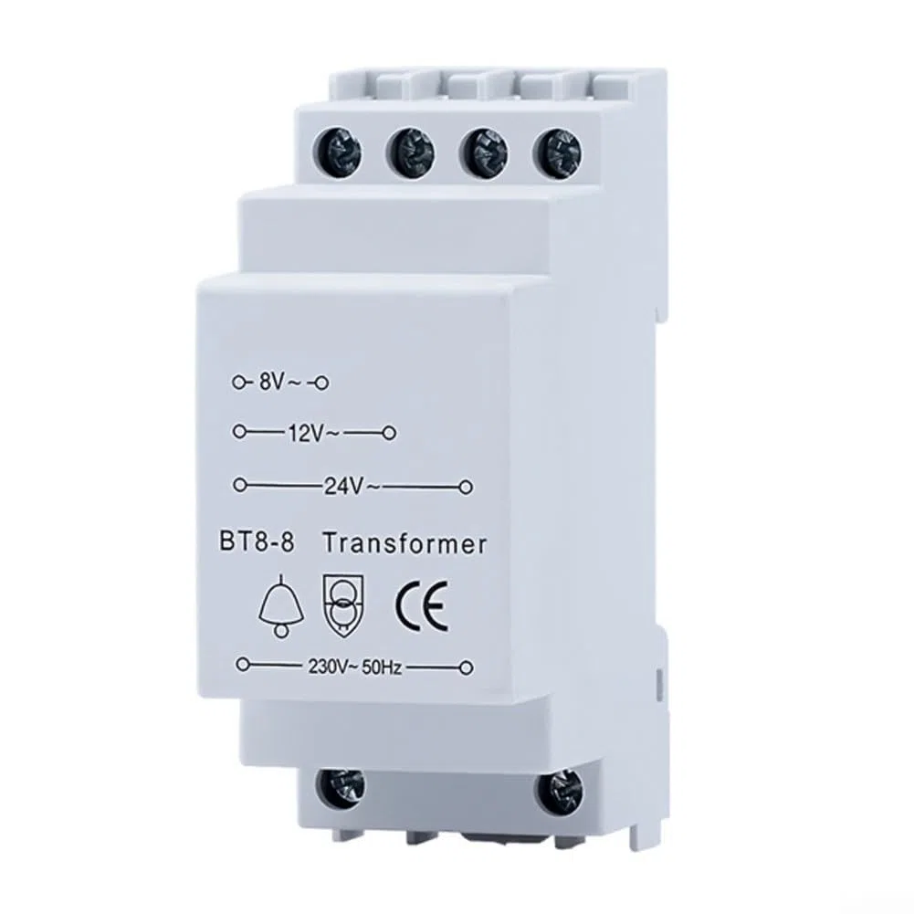 Transformateur de sonnette multi-tension 8 V 12 V 24 V, transformateur de sonnette de porte compatible avec sonnerie/carillon/porte intelligente, rail de guidage standard de 35 mm, fonctionnement
