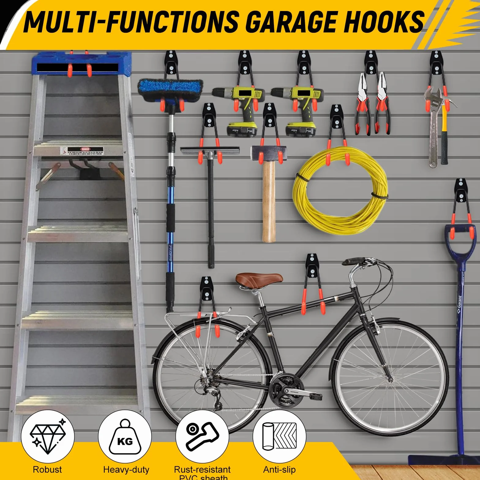 Lot de 4 Crochet Mural Garage, Long Crochet de Rangement Garage, Crochet Garage Charge Lourde pour Organiser les Outils de Garage, les Outils électriques, les Chaises, les Vélos, les Cordes