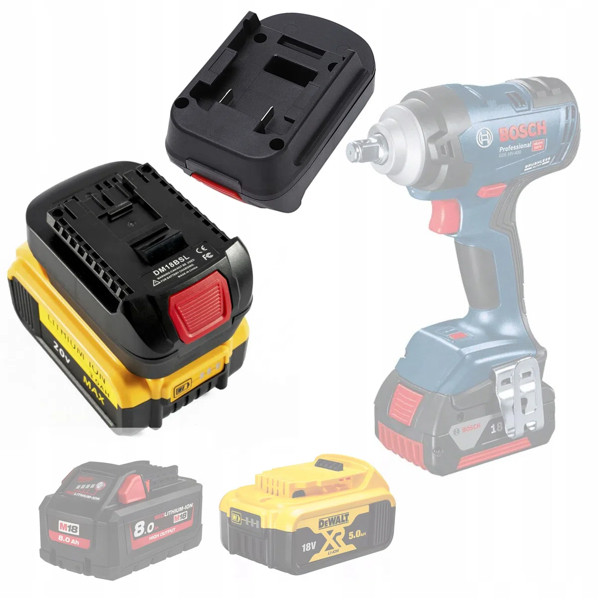 Adaptateur Batterie DM18BSL – Pour Outils Bosch 18V | Compatible avec batteries Dewalt 18V & Milwaukee M18 | Port USB 5V 2.1A | Accessoire Électroportatif