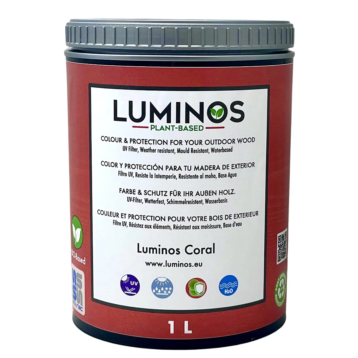 Luminos LUM1110 - CORAL - Lasure Biobased pour bois extérieur à l'eau - Rouge Corail 1L