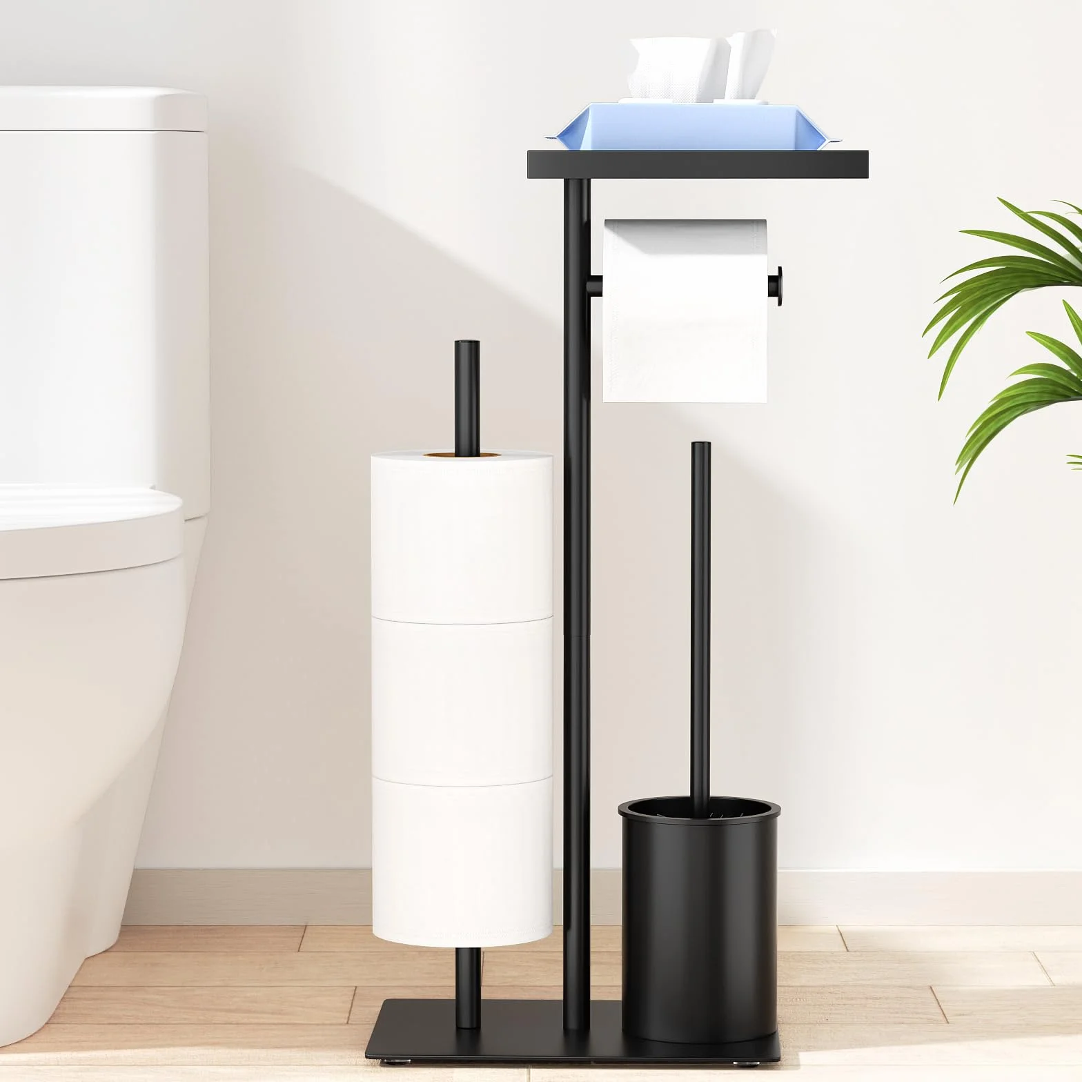 Porte-papier toilette debout en acier inoxydable avec brosse – avec boîte à lingettes humides, ensemble WC