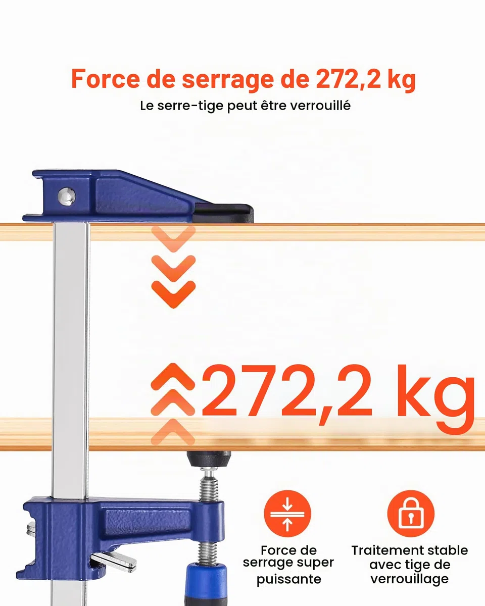 VEVOR Serre-Joints Verrouillable 2PCs Ouverture de la Mâchoire 91,4 cm, Pince Écarteur en F Capacité Max. 272 kg, Profondeur 6,35 cm, en Fonte et Acier au Carbone, Facile à Utiliser, pour Menuisier