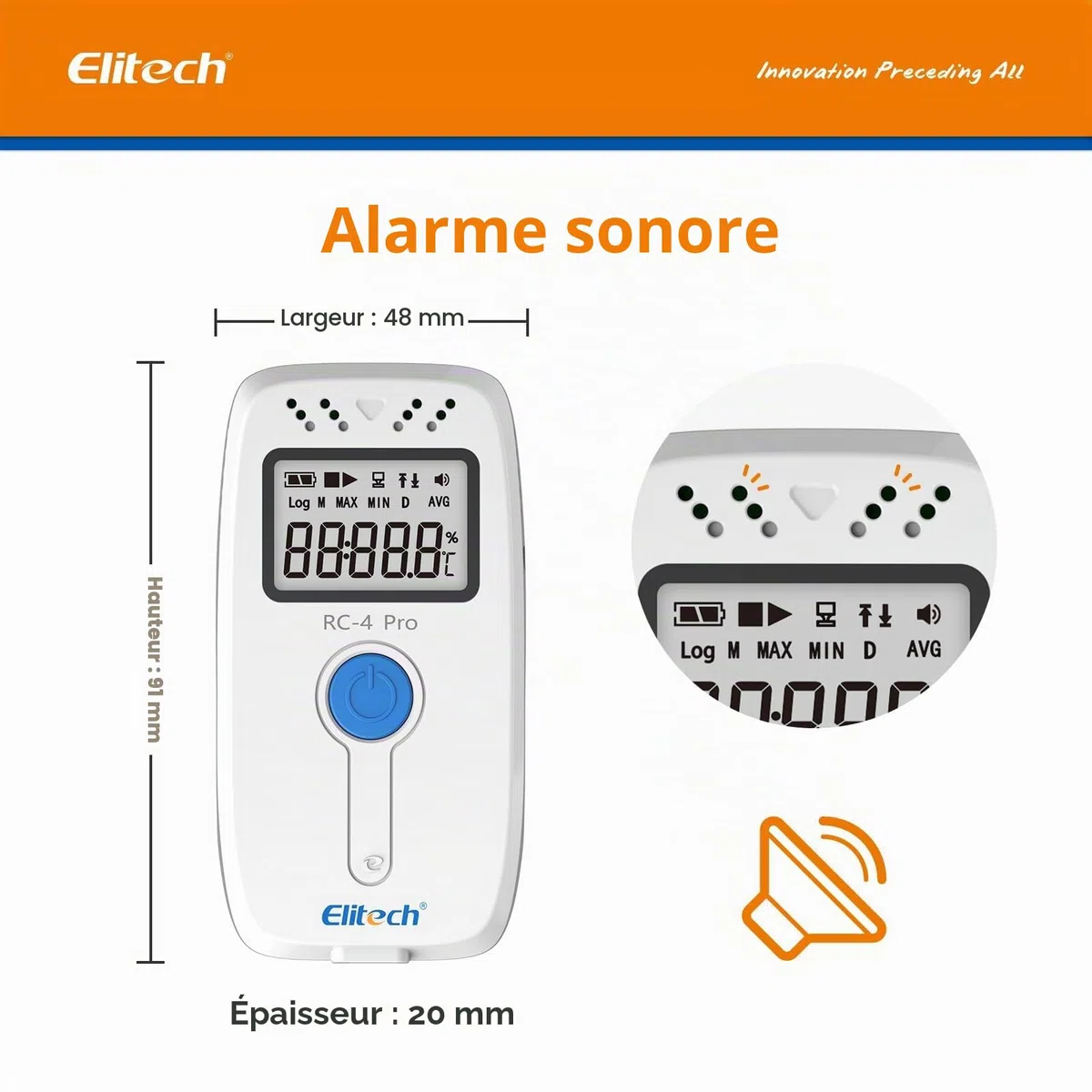 Elitech RC-4 Pro Enregistreur de Température USB, Data Logger pour Réfrigérateur Médical, Stockage Vaccins, Surveillance Chaîne du Froid 64 000 Données, Exportation Auto PDF/CSV