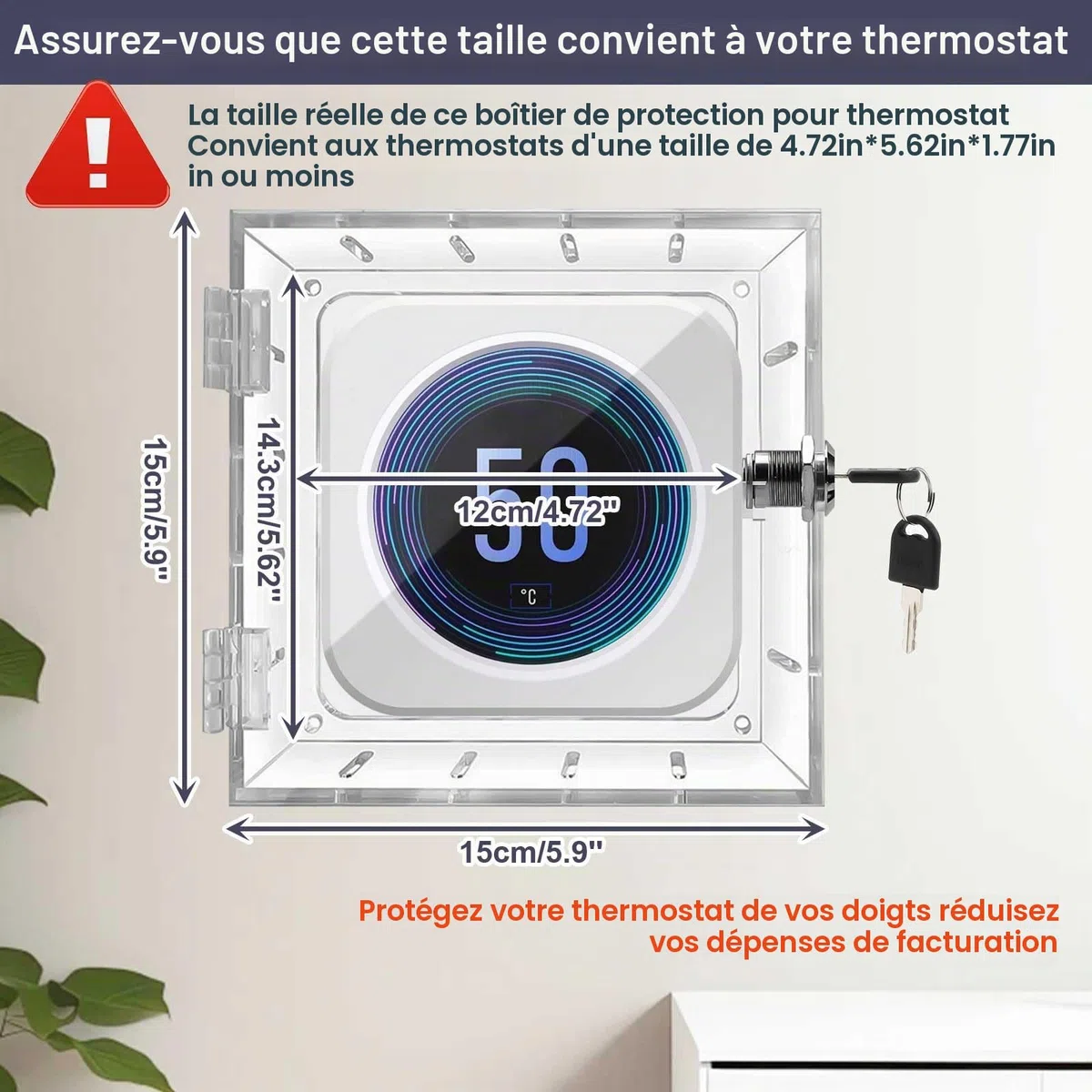 Boîtier de verrouillage pour thermostat avec 2 clés, en acrylique transparent, couvercle de protection inviolable avec vis et boulons, empêche l'accès non autorisé pour la maison, le bureau, l'école