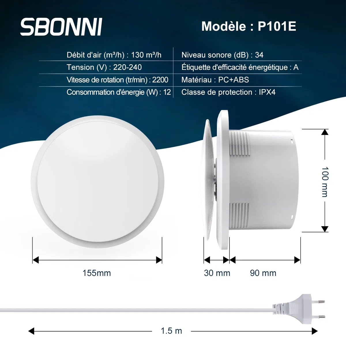 100mm Extracteur d'air 130m³/h 12W, Fonctionnement silencieux Ventilateur d'extraction à fort débit d'air, Économe en énergie, Pour Salle de Bain, Cuisine,toilettes, Serres,Tentes (4 inch)