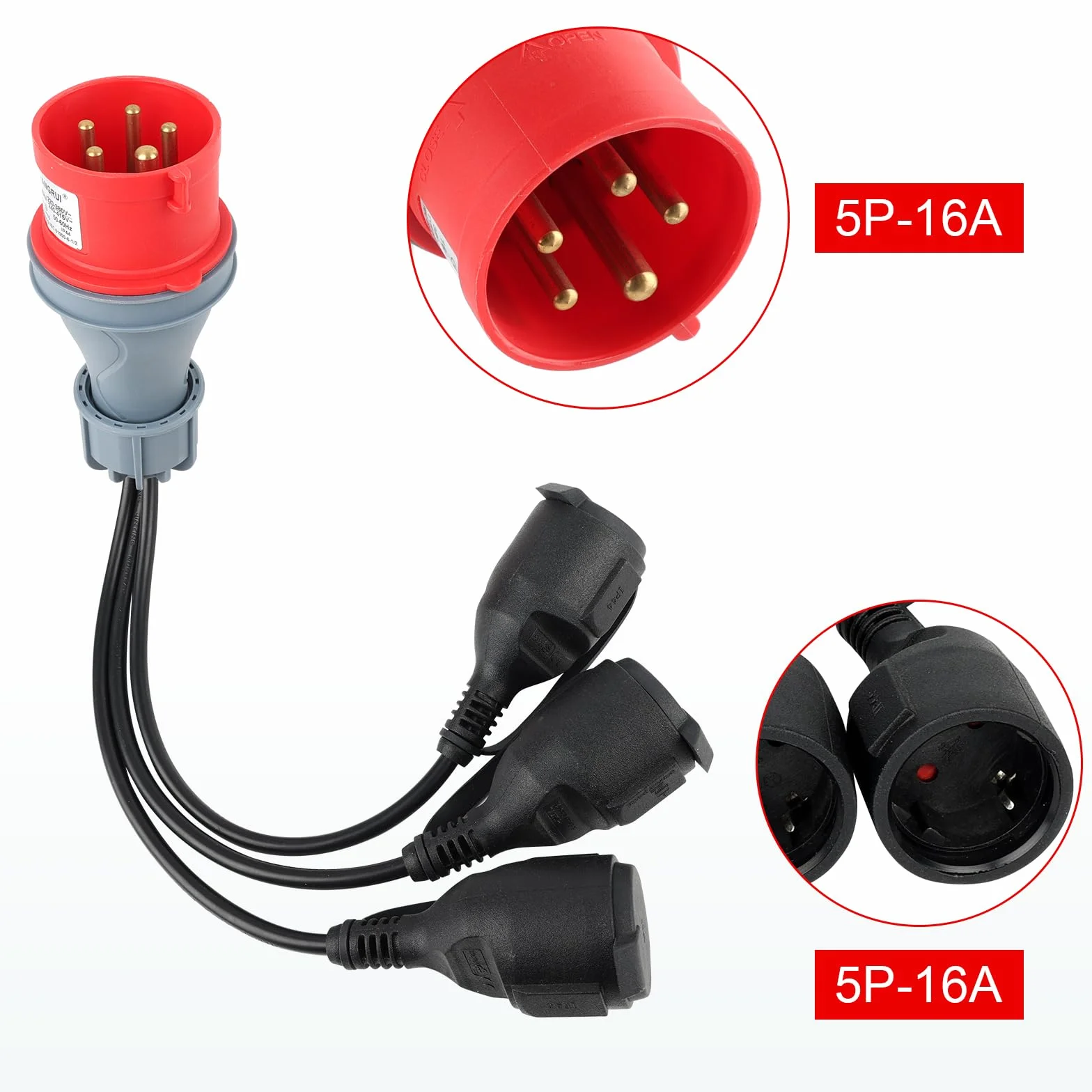 Adaptateur CEE - Répartiteur de courant fort - 400 V - 16 A - Fiche vers 3 x 230 V - Câble d'extension de courant fort - Câble adaptateur CEE de camping avec couvercle rabattable et fiche de contact