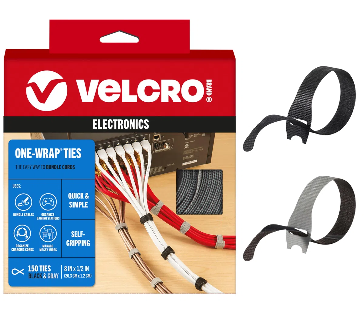 Velcro Lot de 150 attaches de câble de marque | Remplacez les attaches éclair par des sangles réutilisables, réduisez les déchets | Pour la gestion des fils et l'organisateur de cordons | Design