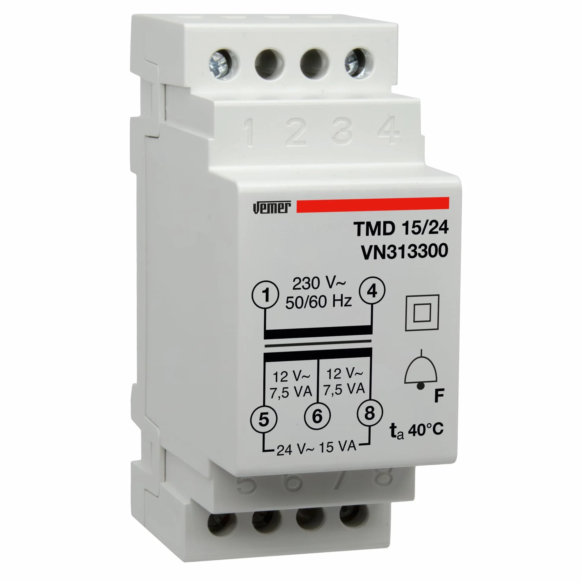 VEMER VN313300 TMD 15/24 - Transformateur 24V pour Service Discontinu (sonnette), Tension Primaire 230V, Tension Secondaire 12-24V, Puissance 15VA, Installation sur Rail Din, Blanc