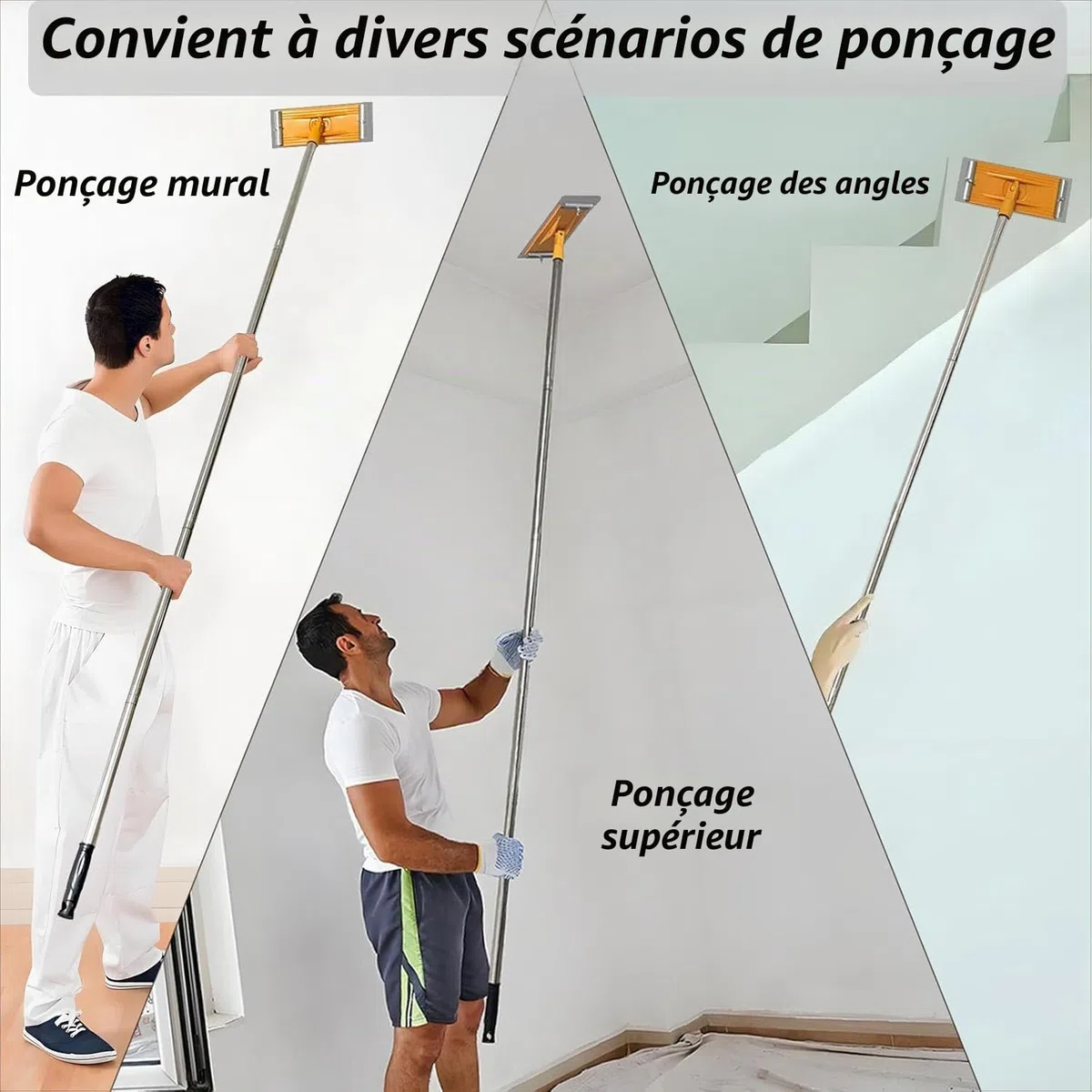Ponceuse à perche pour cloison sèche, ponceuse murale sèche de 190 cm avec tige d'extension et 5 pièces de papier abrasif à 360 degrés pour sols, murs, plafonds