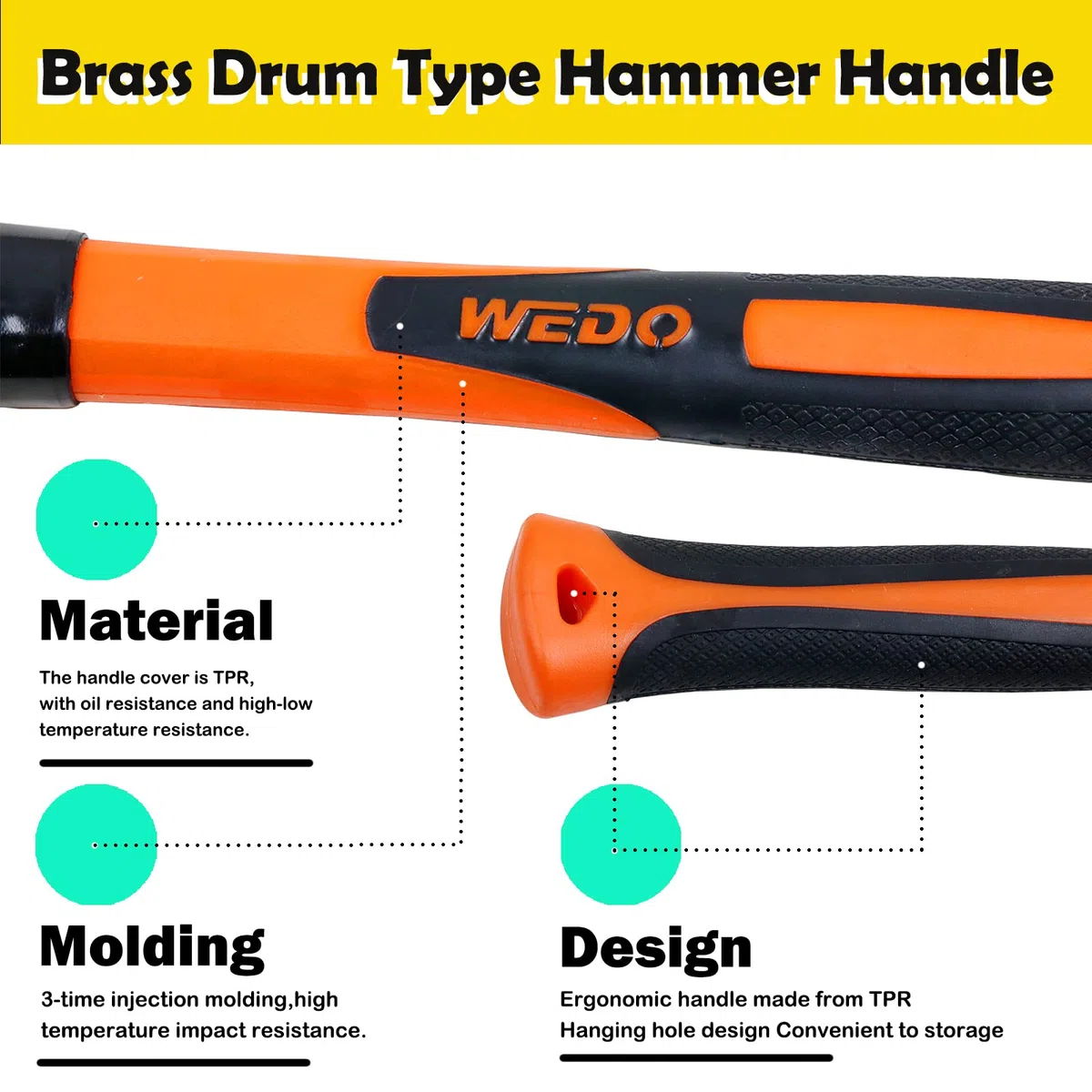 WEDO Massette en laiton,manche en fibres de verre,230g et 280 mm de longueur,Marteau arrache-clous de charpentier,Idéal pour la construction,résistante à la corrosion,Forgé