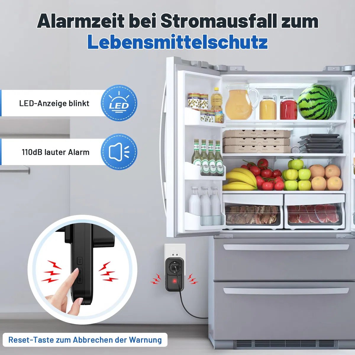 Alarme de Coupure de Courant avec Affichage LED, détecteur de Coupure de Courant avec 5 Niveaux réglables, 0 à 110 DB 7 sonneries, idéal pour la Surveillance des réfrigérateurs