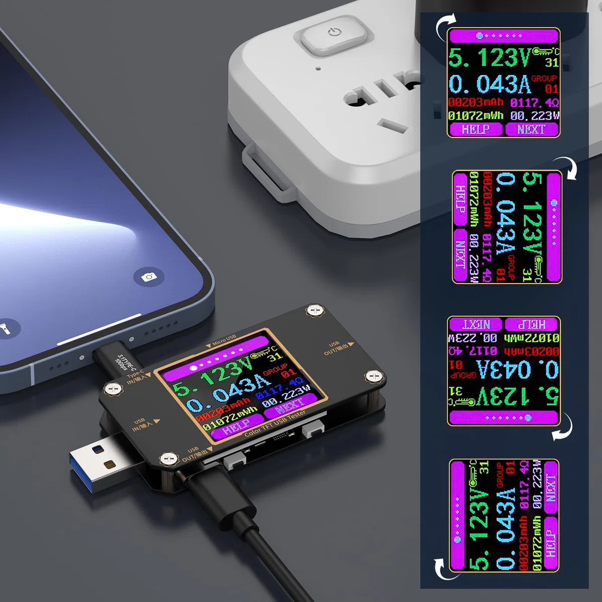 YOJOCK Testeur USB Power Multimètre USB C Meter de Courant et de Tension 4,5-24V 0-3,0A, Voltmetre Amperemetre Capacité Alimentation Wattmètre Chargeur Détecteur avec Connecteur de Type C (A3)