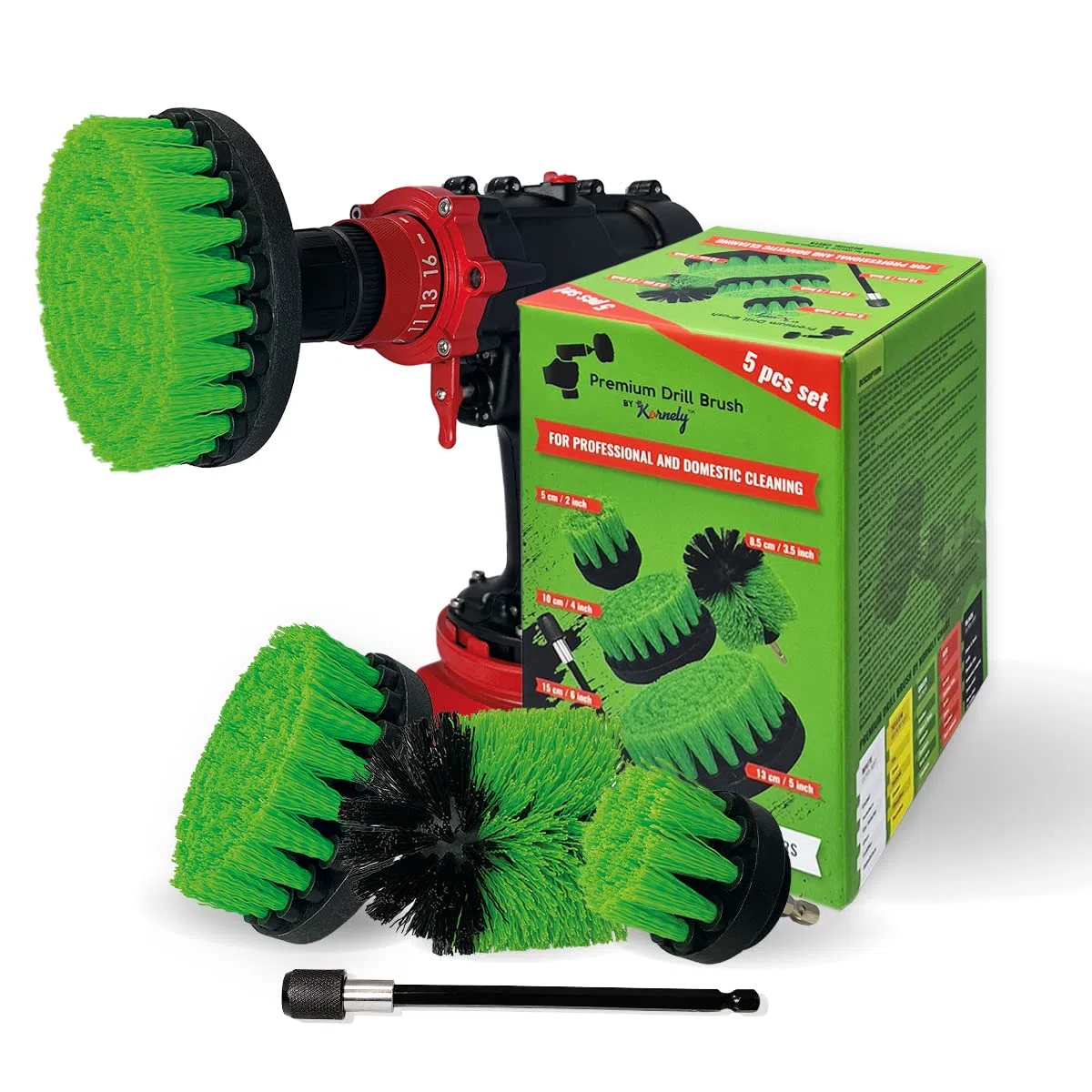 Brosse de Perceuse Premium – Mi-Dure 5 pièces (13/10/8,5/5 cm + rallonge 15 cm) | Brosse Anti-Rayures pour Plans de Travail, Plaques, Fours et Linoléum