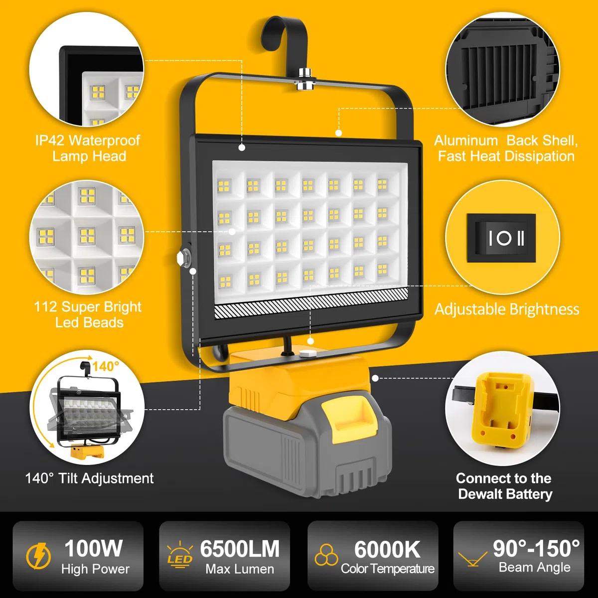 Projecteur LED Rechargeable pour Dewalt 18V/20V Batterie,100W 6500LM Projecteur LED Chantier Portable, Lampe LED avec Charge Type C & USB pour Camping, Chantier, Garage, Atelier(Sans Batterie)