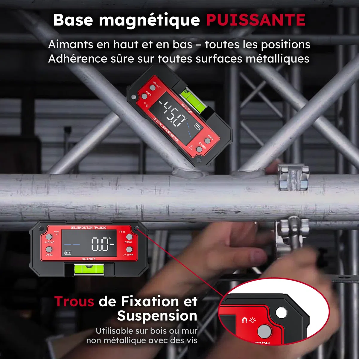 XUNTOP Inclinomètre Numérique Double Axe LED Rechargeable - Niveau Électronique Professionnel à Haute Précision avec Base Magnétique et Niveau à Bulle Intégré pour Chantier, Menuiserie, Bricolage