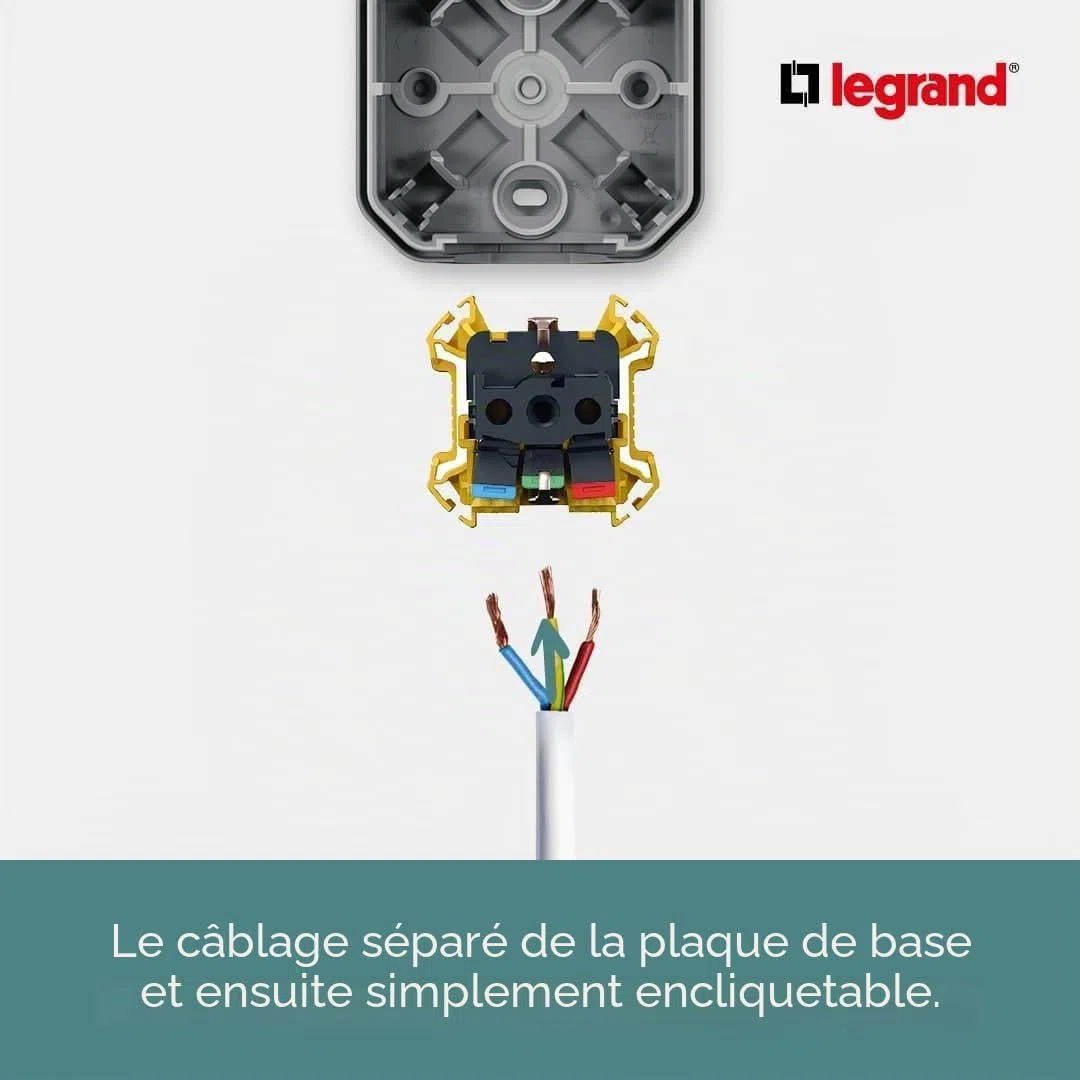 LEGRAND, Plexo New 069578L Prise pour pièces humides, 3 prises, Schuko St., avec couvercle à charnière, protection tactile, pré-câblée, horizontale, I