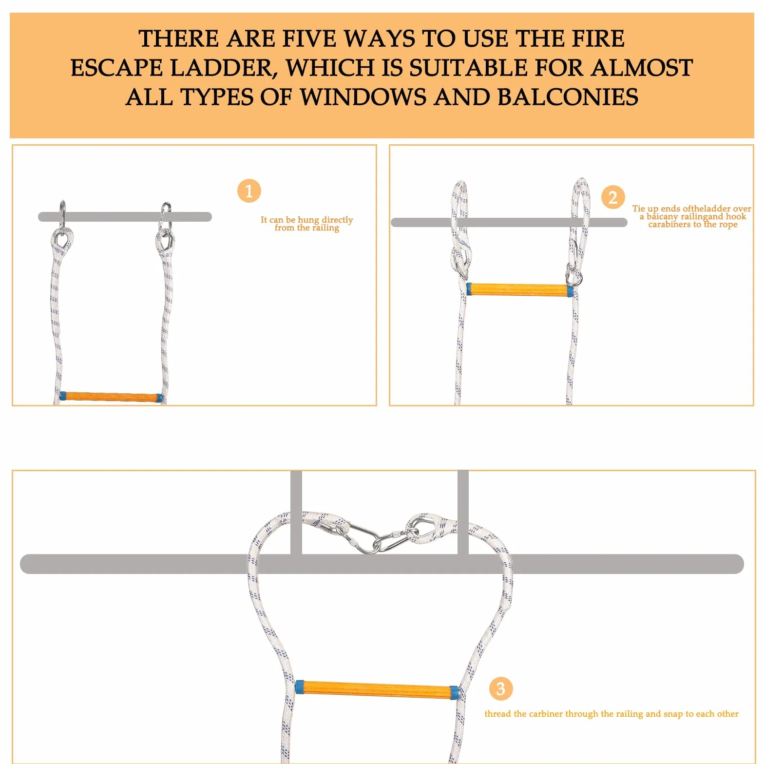 Echelle de Cordes 3M, Échelles de Secours Incendie avec 2 Crochet, Ignifuge et Résistant Charge 200 kg pour Adultes Enfants