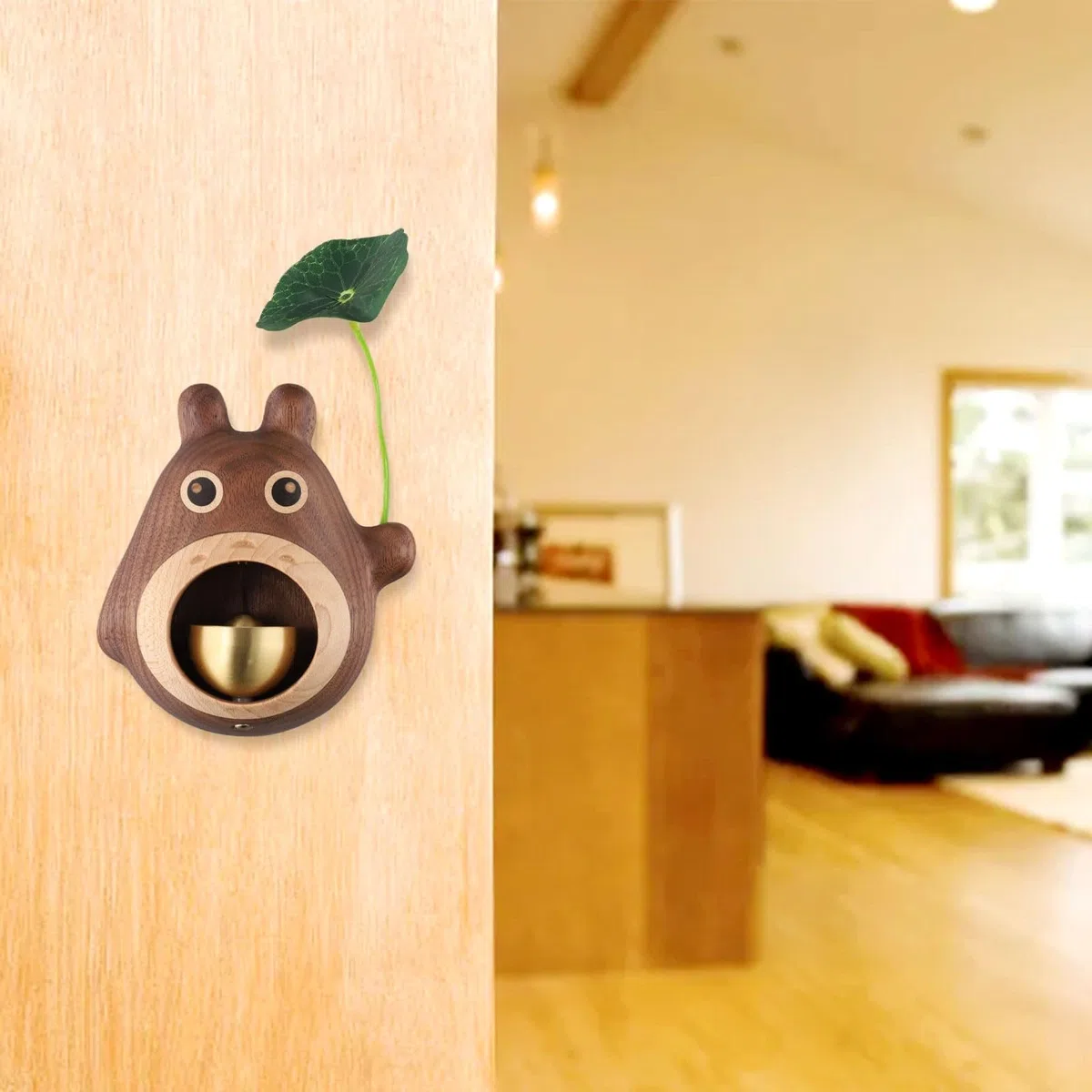 Sonnette noire en noyer, sonnette en forme de Totoro pour propriétaire de boutique, sonnette en bois de dessin animé pour la maison, épicerie, café