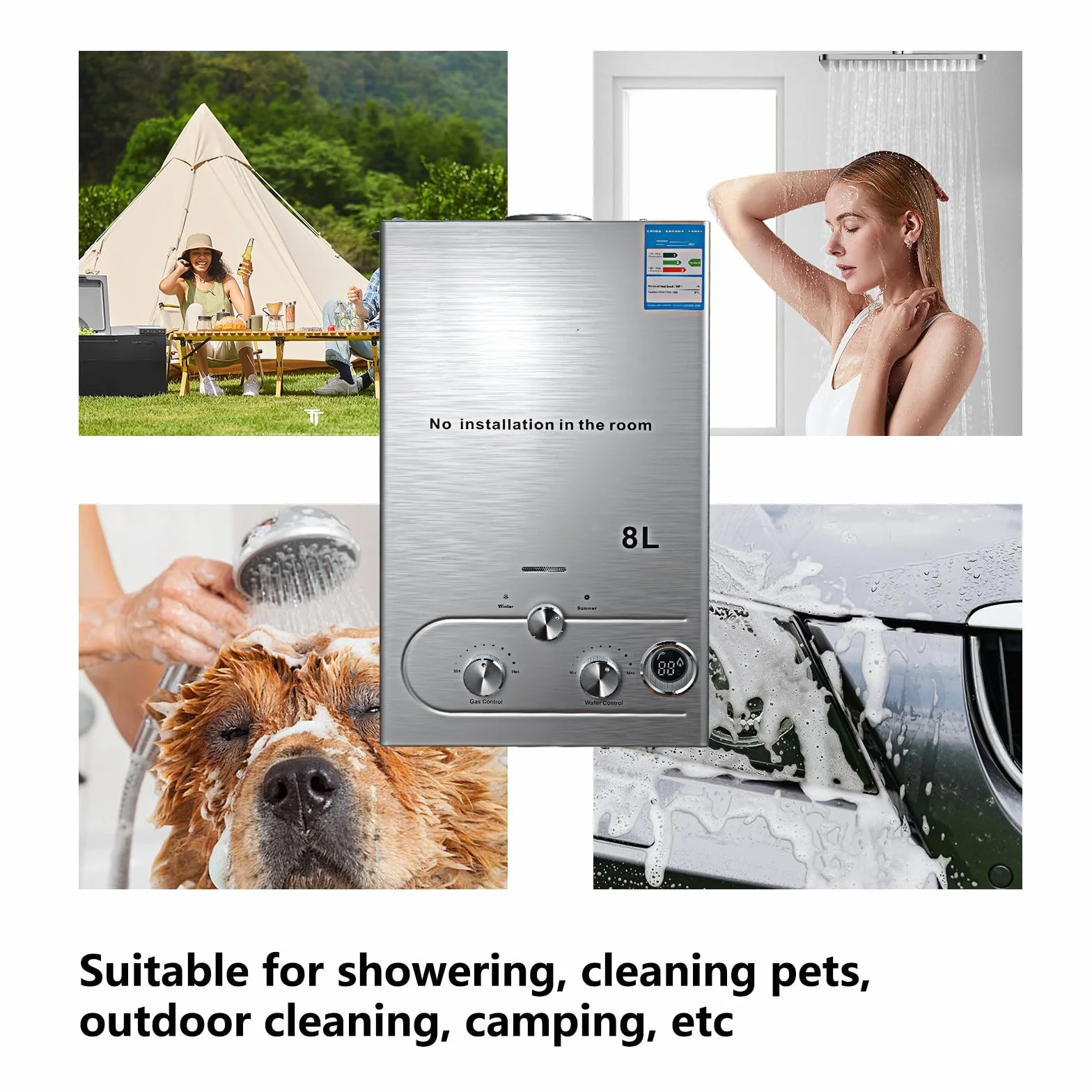 Chauffe-eau au Gaz Propane GPL,6L/8L Chauffe Eau Instantané Gaz,avec Modes Hiver et Été,16kW 2800Pa Chauffe-eau sans Réservoir avec Kit Douche,Protection Contre La Surchauffe (6L)
