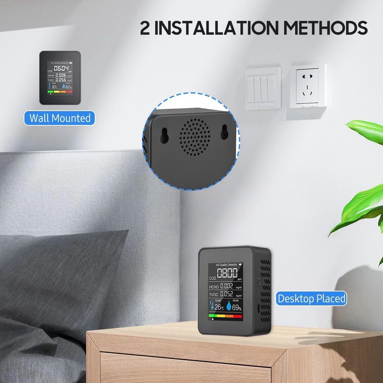 Moniteur de Qualité de l'Air Intérieur - Détecteur de CO2/TVOC/HCHO en Temps Réel avec Affichage LCD Précis - Testeur d'Humidité et Température - Portable pour Maison, Bureau, Serre (Écran Réglable)