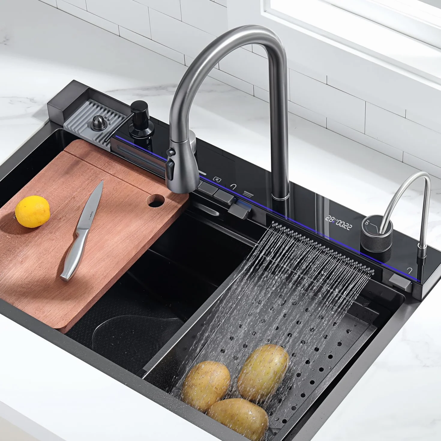 Évier de cuisine en acier inoxydable T304, en cascade, encastré, avec robinet numérique multifonctionnel, divers accessoires (75 x 45 cm)